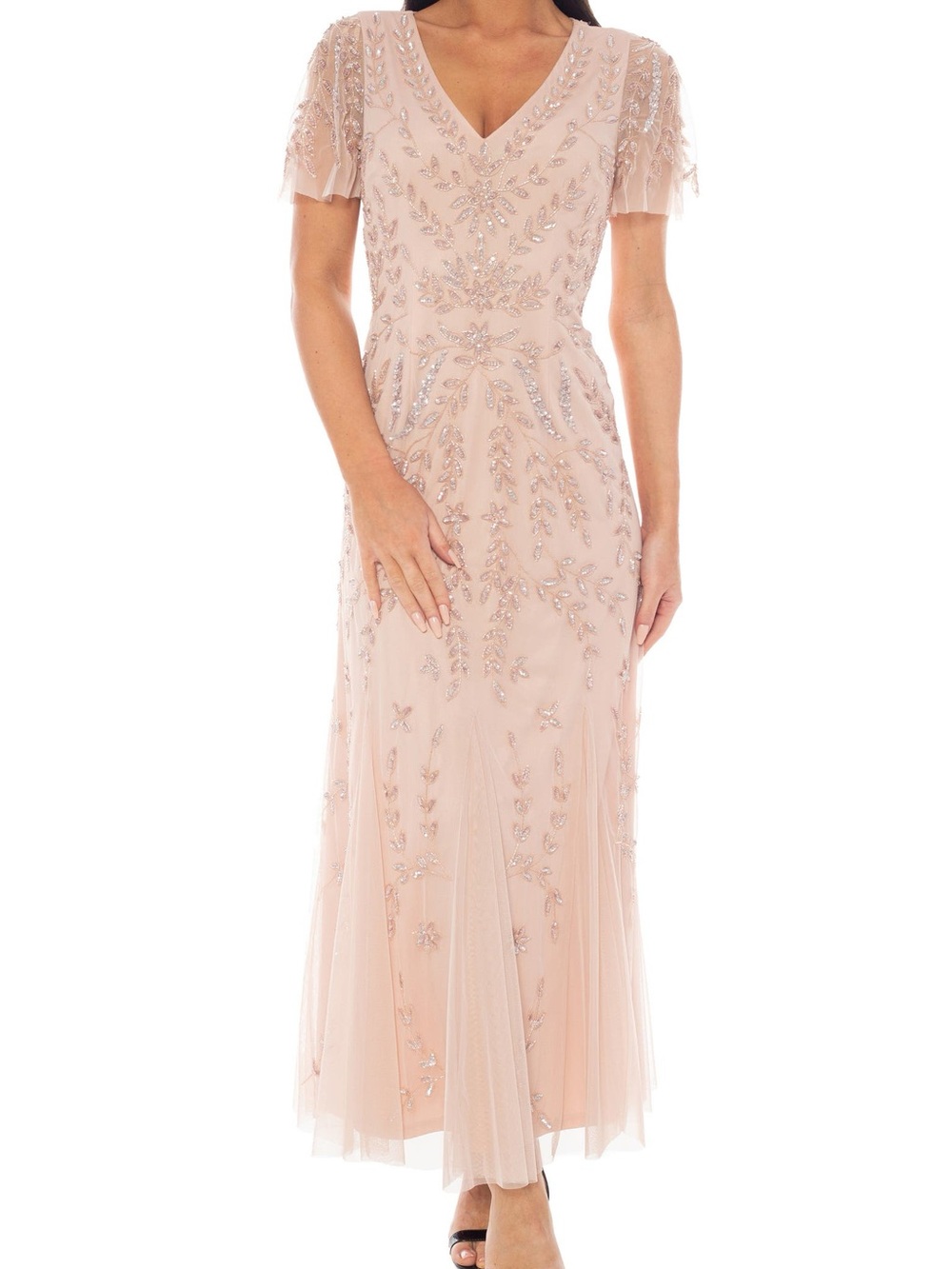 Oleg Cassini • NWT $300 USD Blush Embellished V-Neck Maxi Dress